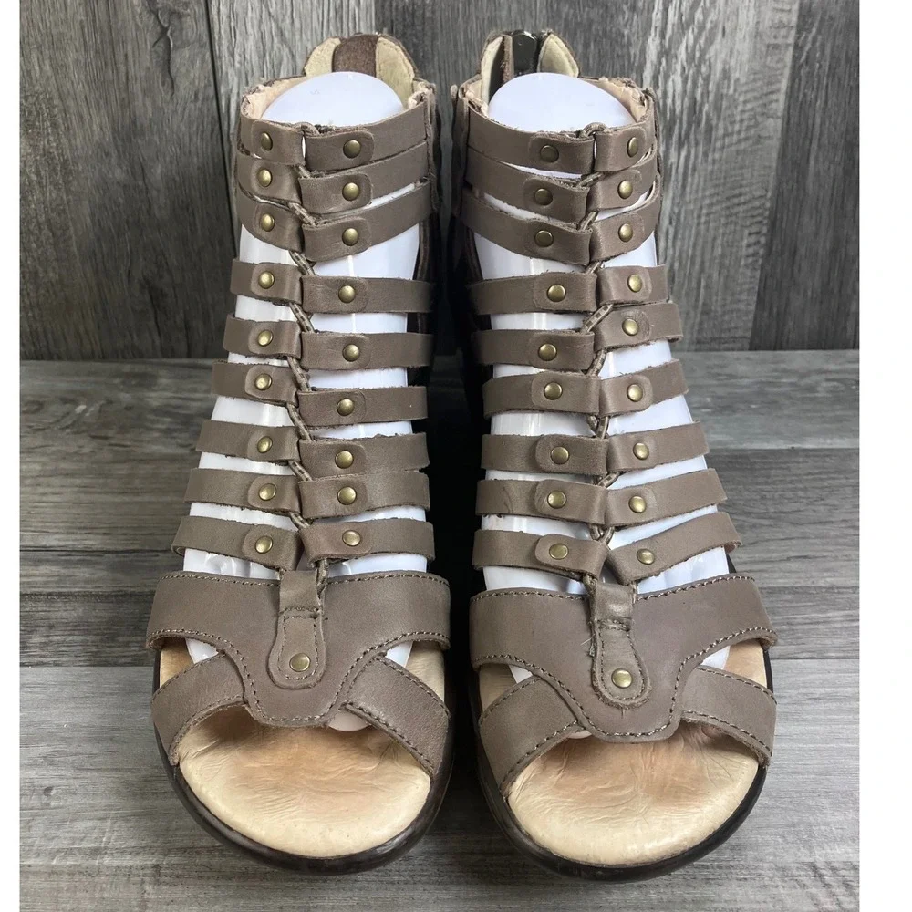 Jambu Sugar Women 8M Taupe Leather Strappy Gladiator Wedge Sandals WJ12SUG50